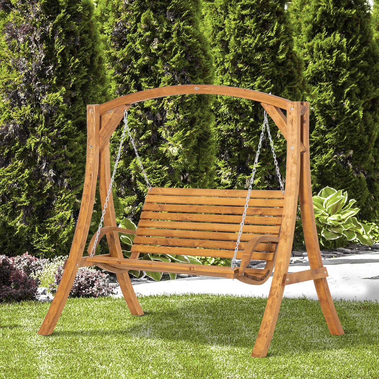 Outsunny 2 Seater Garden Swing Chair, Outdoor Wooden Swing Bench Seat