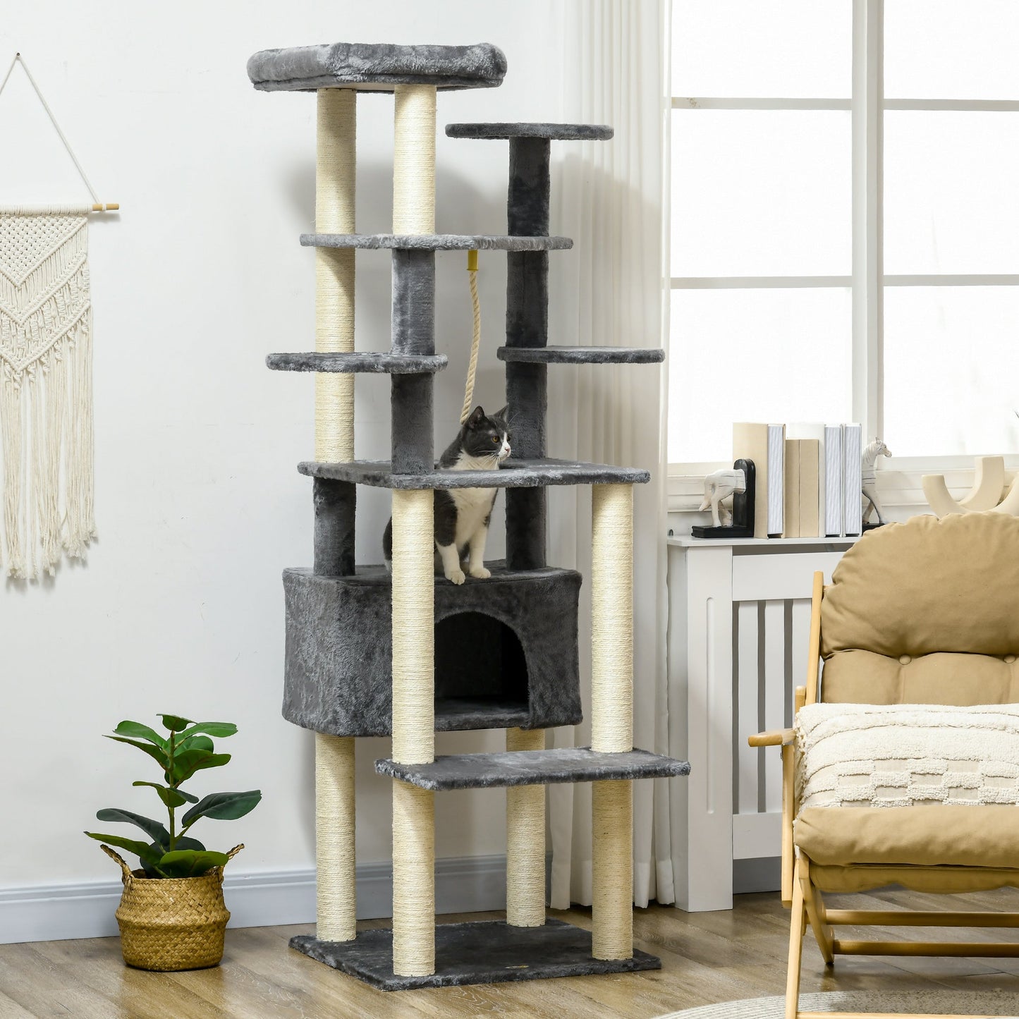 PawHut 184cm Cat Tree for Indoor Cats, Multi-level Kitten Climbing Tower with Scratching Posts, Cat Bed, Condo, Perches, Hanging Play Rope, Grey