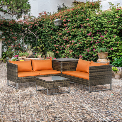 Outsunny 4 PCs Garden Rattan Wicker Outdoor Furniture Patio Corner Sofa Love Seat and Table Set with Cushions Side Desk Storage - Orange