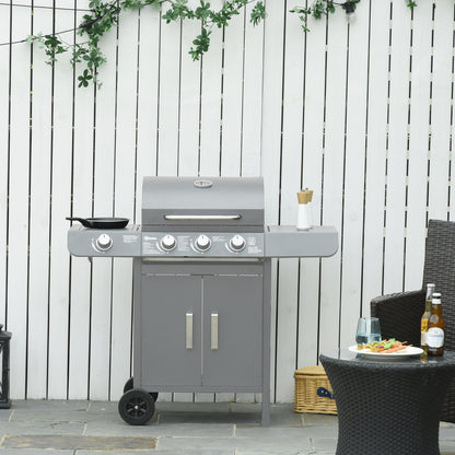 Outsunny 3+1 palnikowy grill gazowy, wózek do grilla na zewnątrz z kółkami, ruszt do podgrzewania, półki boczne, szafka, termometr do ogrodu, na imprezę, kemping, 110L x 50W x 100Hcm, szary