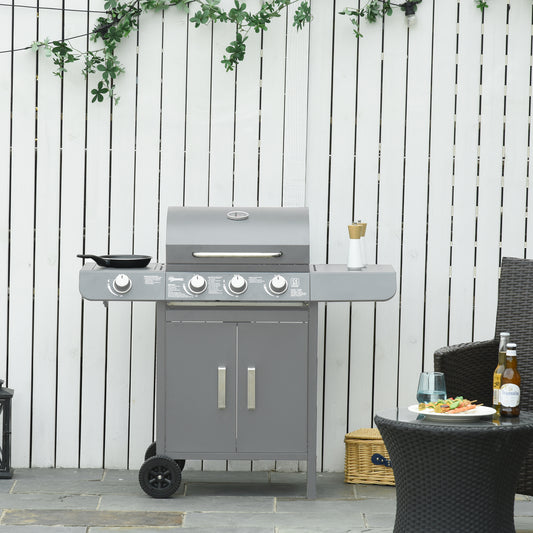 Outsunny 3+1 palnikowy grill gazowy, wózek do grilla na zewnątrz z kółkami, ruszt do podgrzewania, półki boczne, szafka, termometr do ogrodu, na imprezę, kemping, 110L x 50W x 100Hcm, szary
