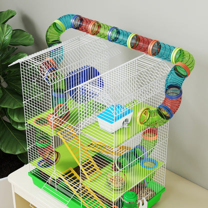 PawHut 5 Tier Hamster Cage Carrier Habitat with Exercise Wheels Tunnel Tube Water Bottle Dishes House Ladder for Dwarf Mice, Green