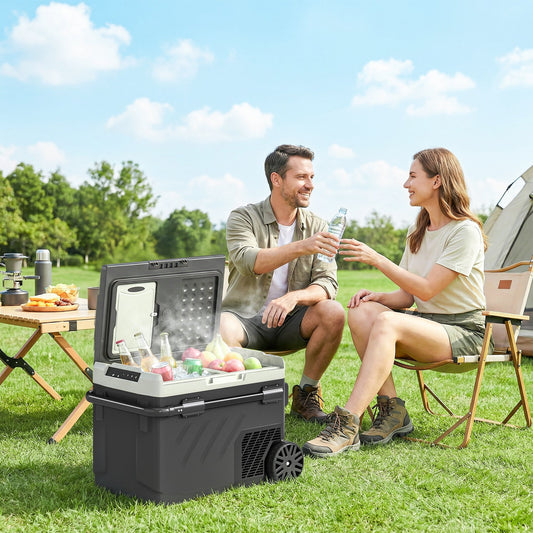 Outsunny 40L Compressor Car Fridge Freezer, Dual Zone Camping Refrigerator with App Control, Telescopic Handle, -20Â°C-20Â°C