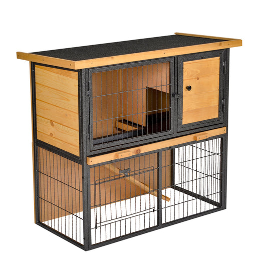 PawHut Guinea Pig Hutch Rabbit Hutch Wood-metal Elevated Pet House Bunny Cage with No-Leak Tray Ramp Openable Roof Outdoor 89.5 x 45 x 81cm Light Yellow