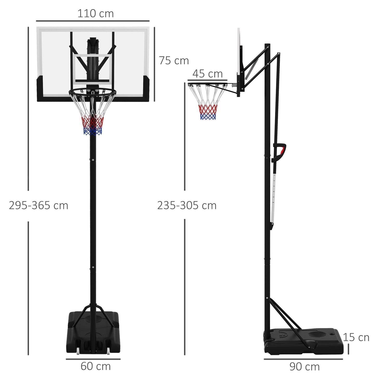 SPORTNOW 6 Level Height Adjustable Freestanding Basketball Hoop and Stand with Wheels, 2.35M-3.05M