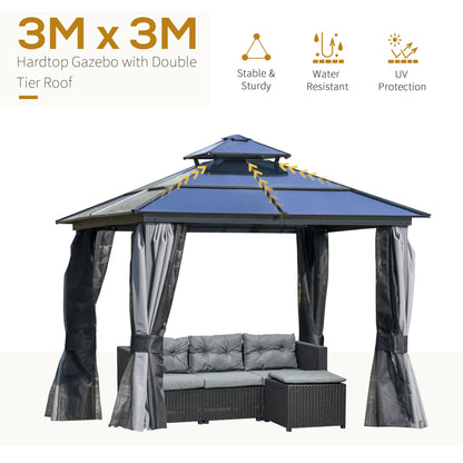 Outsunny 3 x 3(m) Polycarbonate Hardtop Gazebo Canopy with Double-Tier Roof and Aluminium Frame, Garden Pavilion with Mosquito Netting and Curtains