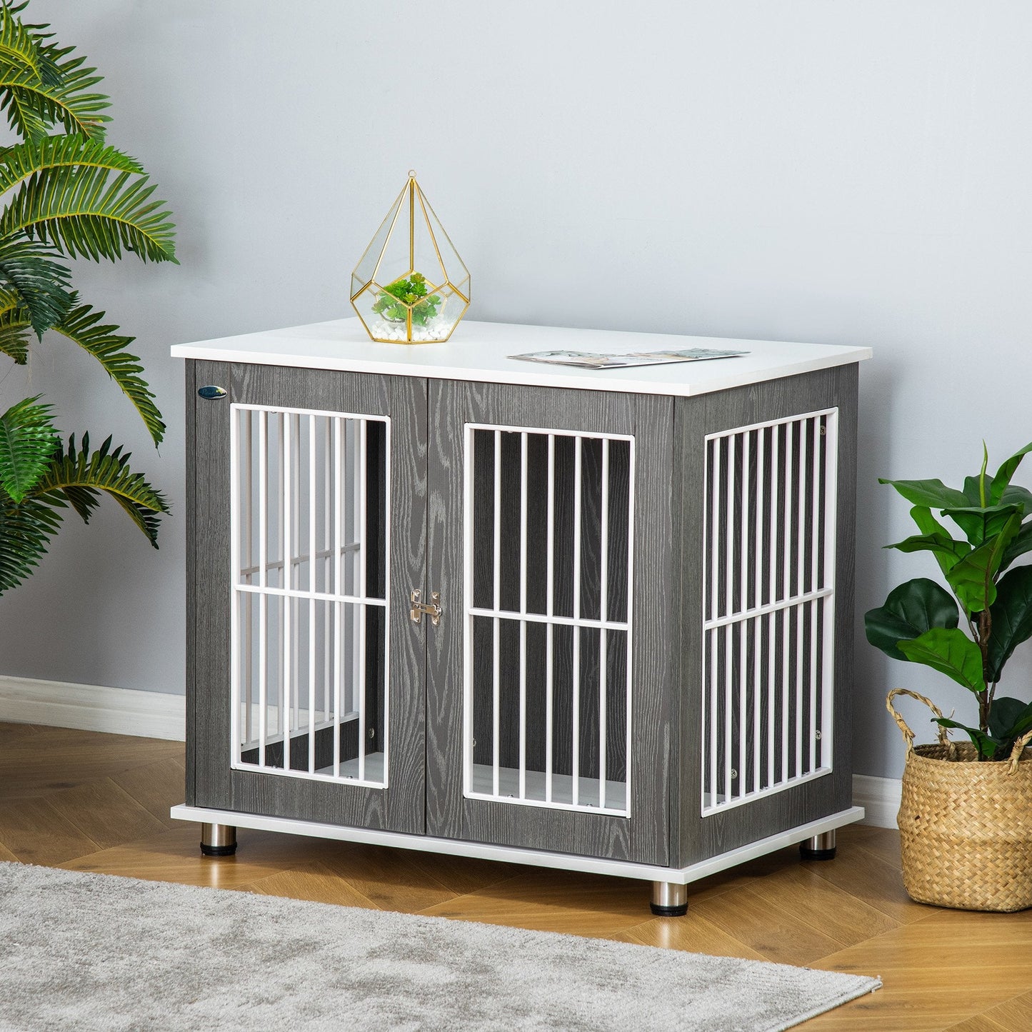 PawHut Wooden Dog Crate Furniture Style Pet Kennel Cage Pet Enclosure w/ Lockable Door