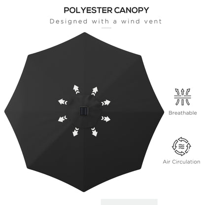 Outsunny 2,7 ​​m Parasol ogrodowy Solarny Zewnętrzny Parasol słoneczny z uchylnym dachem Patio z 24 diodami LED, korbą ręczną i 8 żebrami, czarny