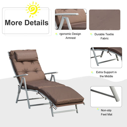 Outsunny Outdoor Patio Sun Lounger Garden Texteline Foldable Reclining Chair Pillow Adjustable Recliner with Cushion - Brown