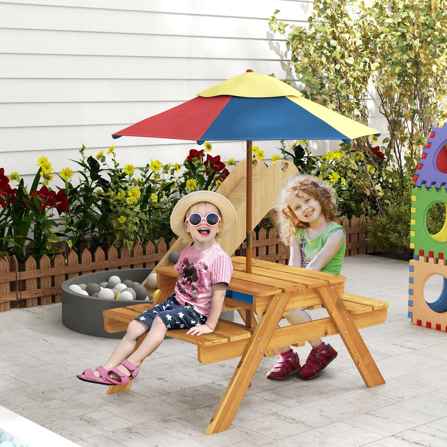 Outsunny Kids Picnic Table Set, 3 in 1 Sand Pit Activity Table, Kids Garden Furniture w/ Removable Parasol, for 3-6 Years