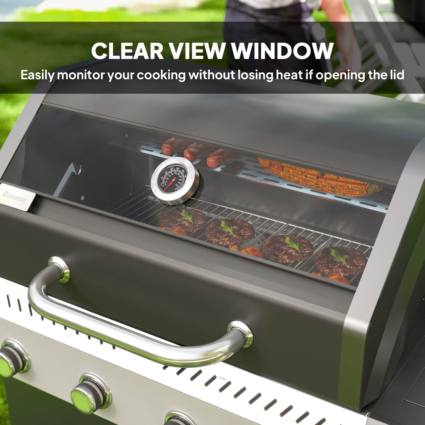 Grill gazowy Outsunny 4+1 z przezroczystą pokrywą, przenośny grill gazowy z wbudowanym termometrem, stolikiem bocznym, szafką, kółkami, tacką na tłuszcz do grillowania na przyjęciach ogrodowych na świeżym powietrzu, czarny
