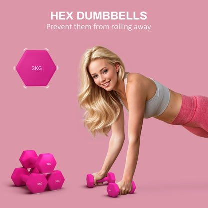 SPORTNOW Set of 6 Hex Dumbbells, Weights Pair with Non-Slip Grip, Home Gym Fitness Training Equipment, 2 x 3kg, 2 x 4kg, 2 x 5kg, Pink, Purple, Green