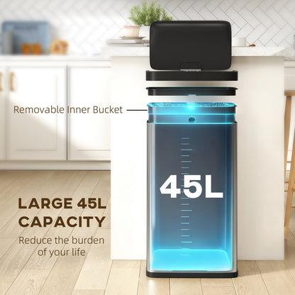 HOMCOM 45L Stainless Steel Sensor Bin - Silver Tone