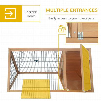 PawHut Wooden Rabbit Cage Small Animal Hutch w/ Outside Area - Yellow