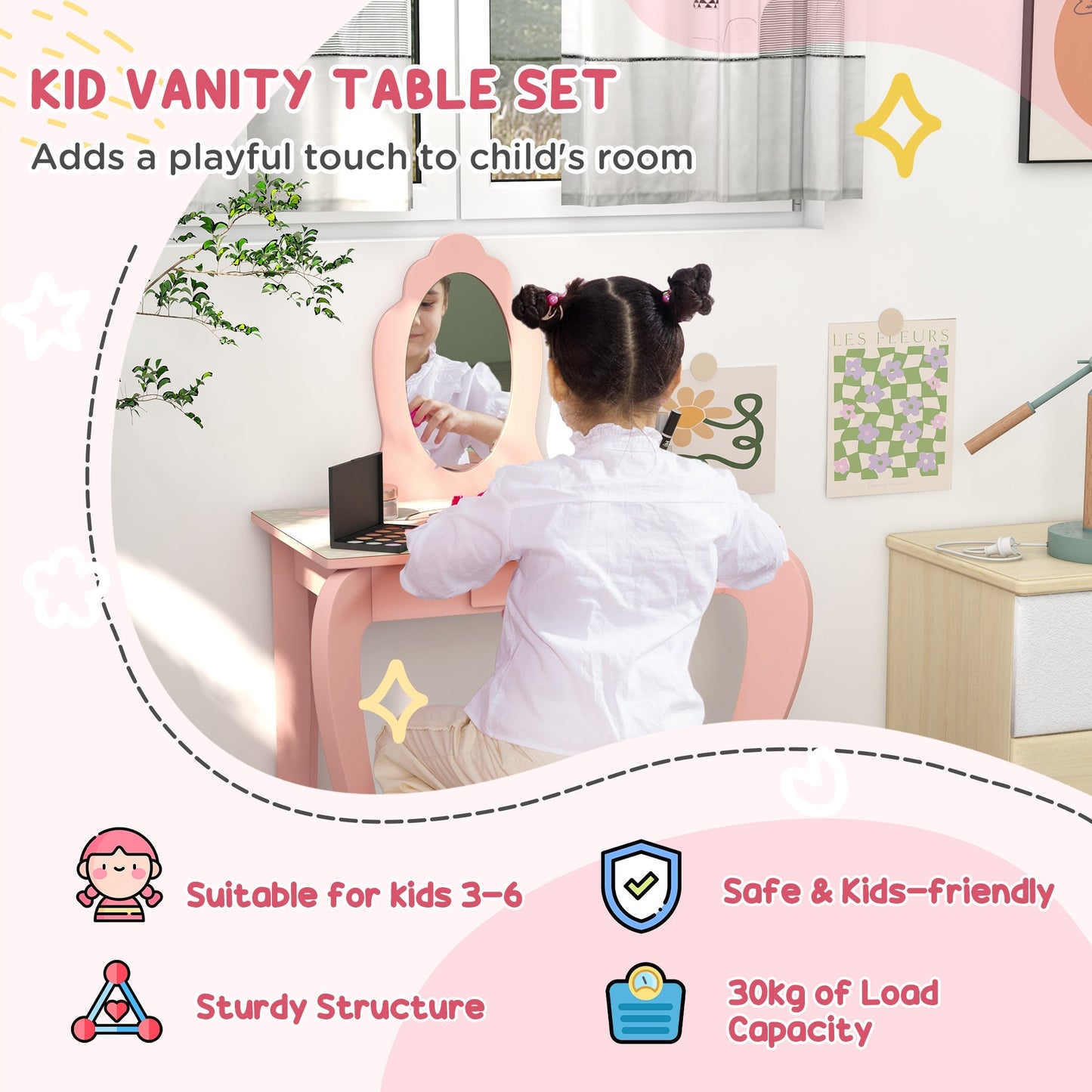 ZONEKIZ Kids Bedroom Furniture Set Includes Bed Frame, Toy Chest, Dressing Table for Ages 3-6 Years, Pink