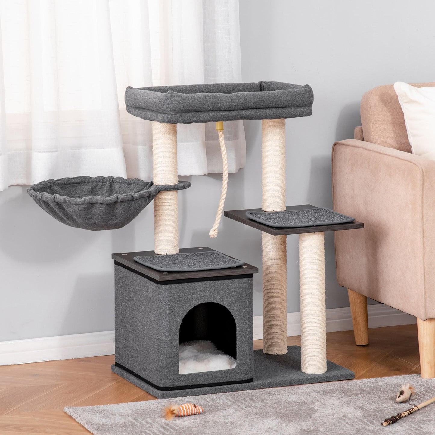 PawHut Cat Tree with Sisal Scratching Post Bed Condo Perch Teasing Rope Dark Grey