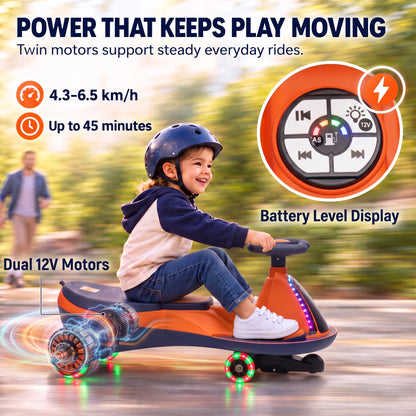 AIYAPLAY 12V Electric Wiggle Car, 2-In-1 Kids Ride On Toy with 2 Speeds, Soft Start, PU Wheels, RGB Lights, Up to 60 kg, Orange