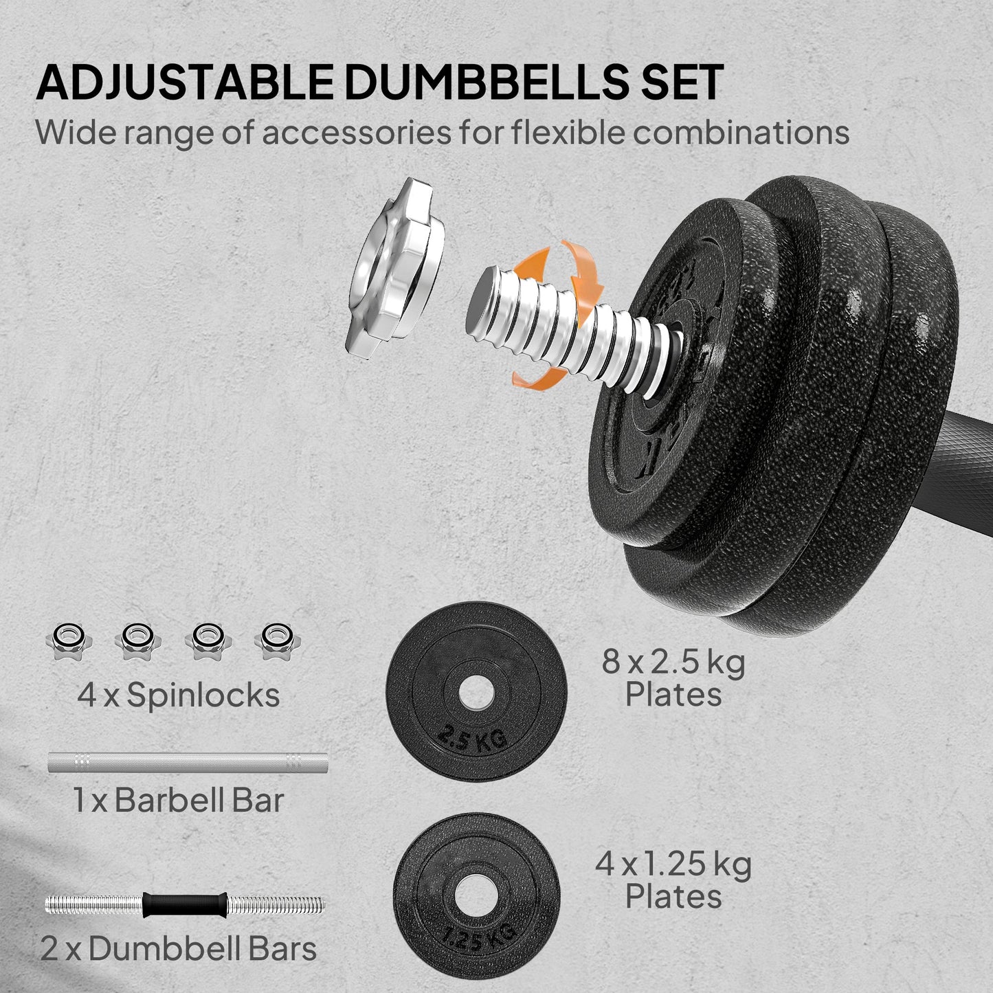 SPORTNOW 2-in-1 Adjustable Dumbbells Set, 30kg Cast Iron Weights Dumbbells Set with Non-Slip Grip for Strength Training, Weight Lifting, Bodybuilding, Home Gym Workout Equipment for Men & Women