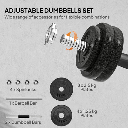 SPORTNOW 2-in-1 Adjustable Dumbbells Set, 30kg Cast Iron Weights Dumbbells Set with Non-Slip Grip for Strength Training, Weight Lifting, Bodybuilding, Home Gym Workout Equipment for Men & Women