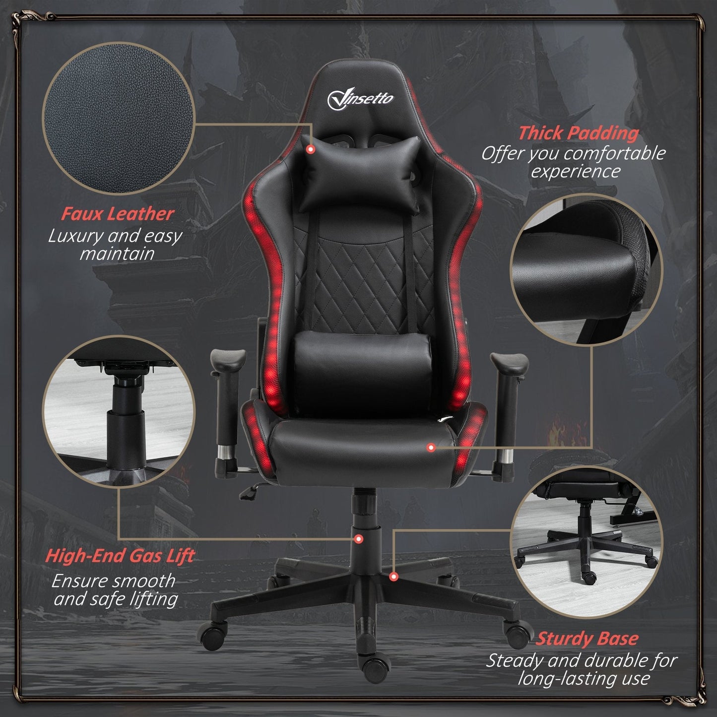 Vinsetto Gaming Chair w/ RGB LED Light, Arm, Swivel Home Office Gamer Recliner, Black