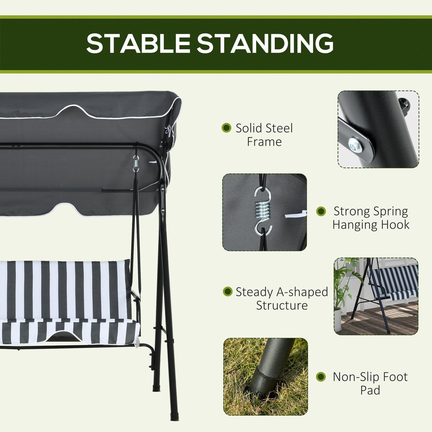 Outsunny 3 Seater Garden Swing Chair, Outdoor Swing Chair with Adjustable Canopy, Mental Frame & Cushions, Grey