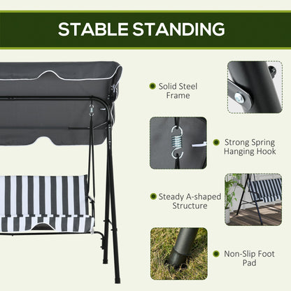 Outsunny 3 Seater Garden Swing Chair, Outdoor Swing Chair with Adjustable Canopy, Mental Frame & Cushions, Grey