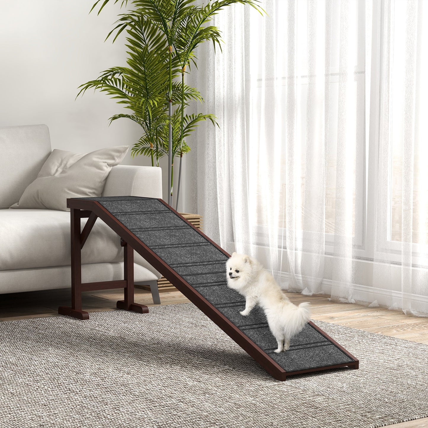 PawHut Pet Ramp for Dogs Cats Non-Slip Carpet Top Platform - Brown & Grey