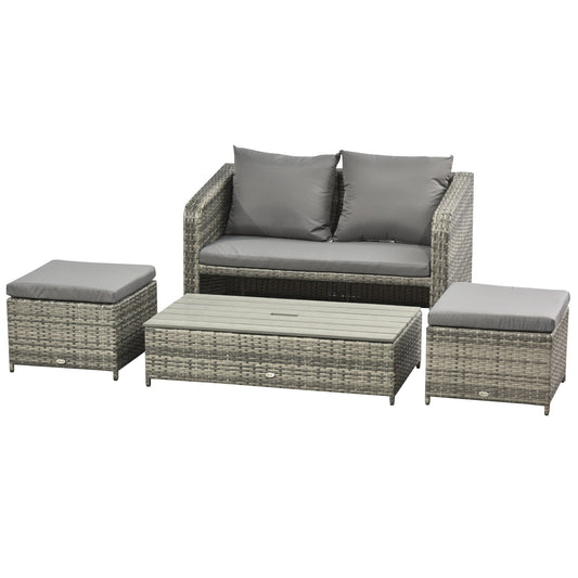 Outsunny 4-Piece Garden Rattan Furniture Outdoor Wicker Conversation Patio Sofa Set with 2-seater Sofa, 2 Footstools and Lift Top Coffee Table Space-saving- Grey