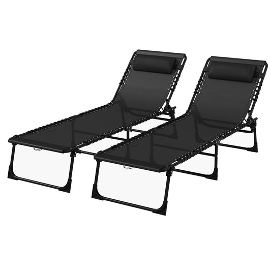 Outsunny 2 Piece Folding Sun Lounger Beach Chaise Chair Garden Cot Camping Recliner with 4 Position Adjustable Black