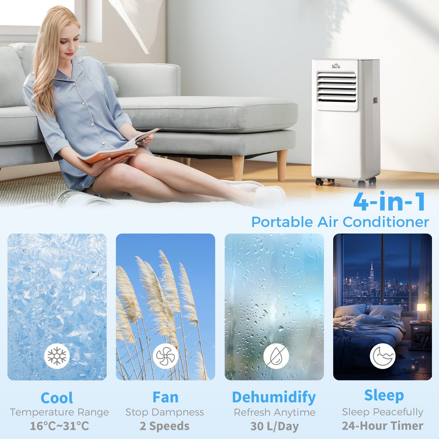 HOMCOM 7000 BTU Air Conditioning Unit, 3-in-1 Portable Air Conditioner, Dehumidifier, Cooling Fan with 2 Speeds, 24H Timer, Remote Control, LED Display, Window Venting Kit, 15m√Ç¬≤
