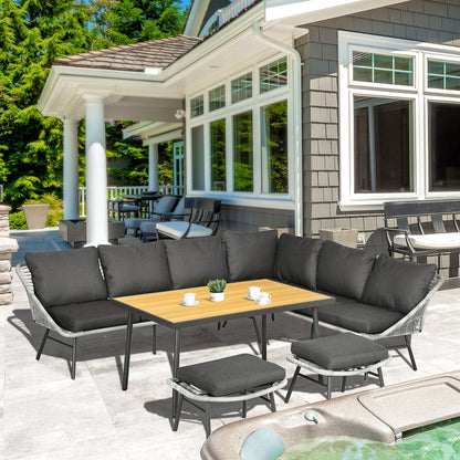 Zestaw mebli ogrodowych Outsunny 6 Seater z rattanu z sofą, podnóżkiem i stolikiem kawowym z drewna i plastiku, 193x72x75 cm, szary