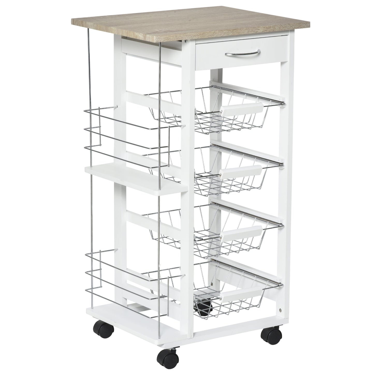 Rolling Kitchen Cart, Utility Storage Cart with 4 Basket Drawers & Side Racks, Wheels for Dining Natural / White