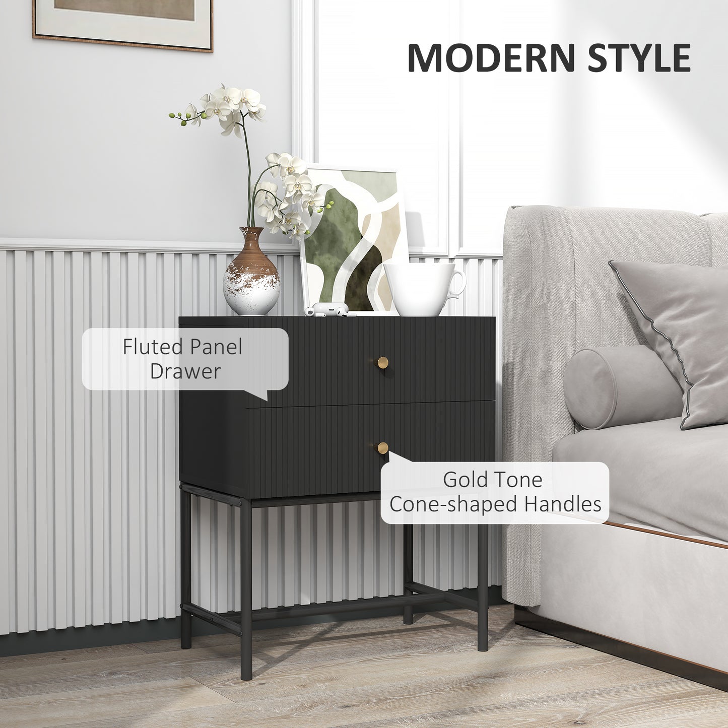 HOMCOM Elegant Two-Drawer Bedside Table Set of 2 - Black