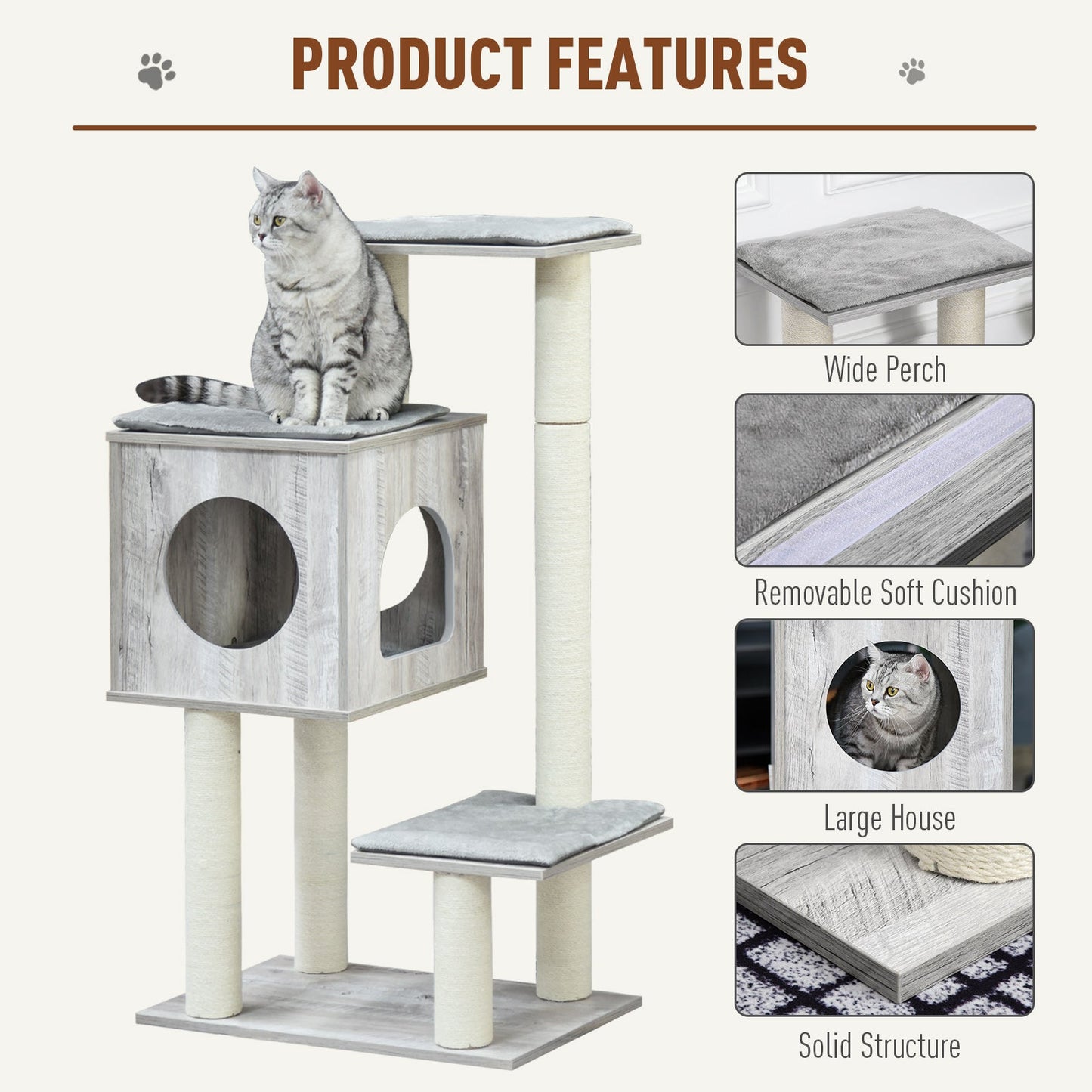 PawHut Cat Tree for Indoor Large Cats 113cm Kitten Tower Condo Jute Scratching Post Kitten Play House Activity Center Furniture
