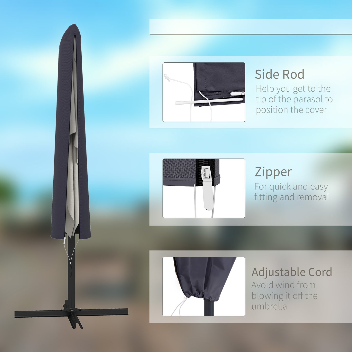 Outsunny Outdoor Cantilever Umbrella Cover Parasol with Rod, Zipper, Dark Grey