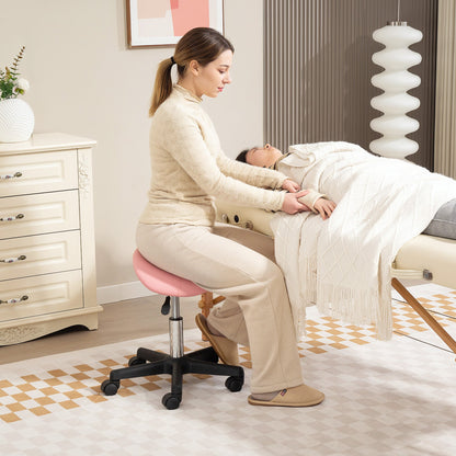 HOMCOM Saddle Stool, PU Leather Adjustable Rolling Salon Chair ze stalową ramą do masażu, spa, urody i tatuażu, różowy