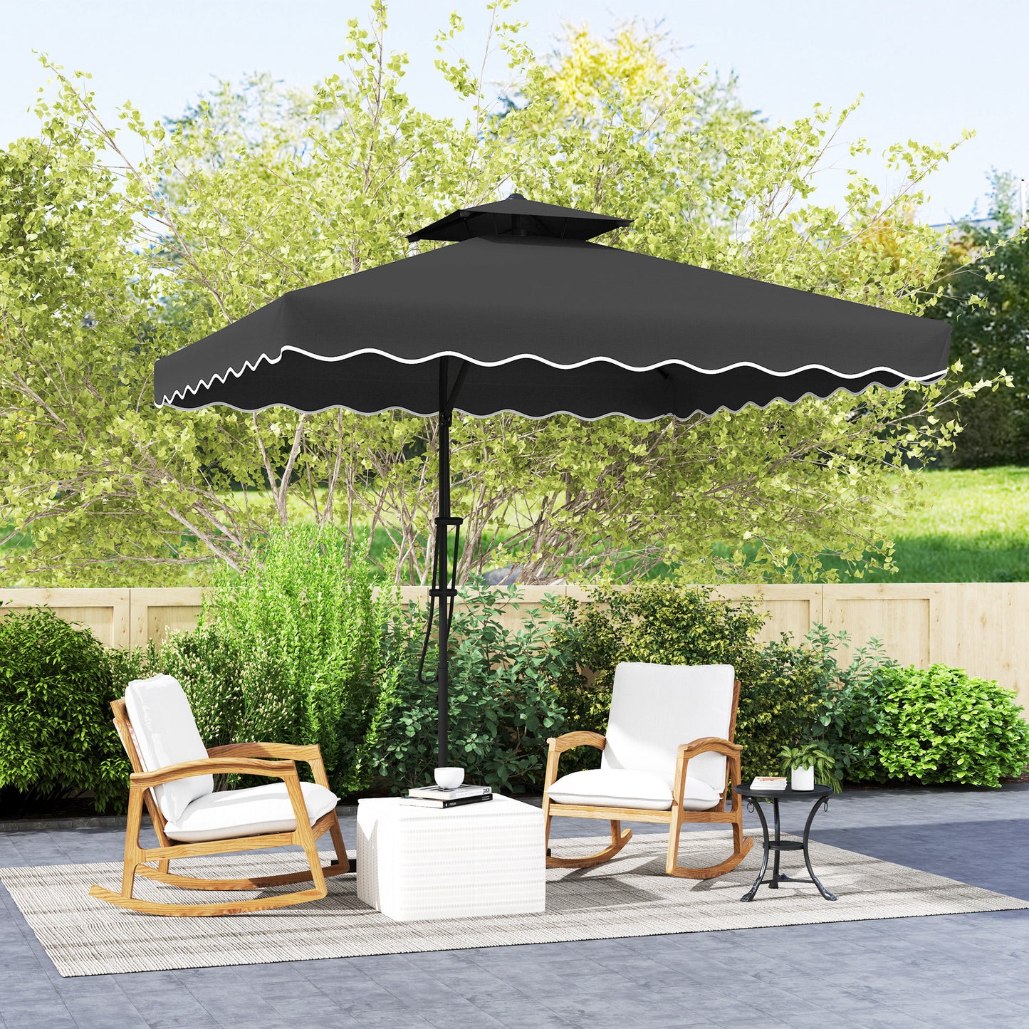 Outsunny 2,5 m parasol wspornikowy z łatwą dźwignią, kwadratowy podwójny parasol ogrodowy z falbankami i poprzeczną podstawą, zwisające zewnętrzne osłony przeciwsłoneczne, czarny