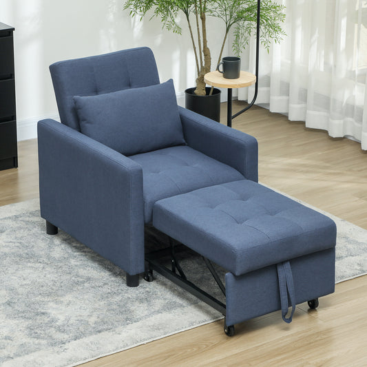 HOMCOM 3-In-1 Chair Bed, Convertible Sleeper Chair with Adjustable Backrest, Pillow and Footrest for Living Room, Blue