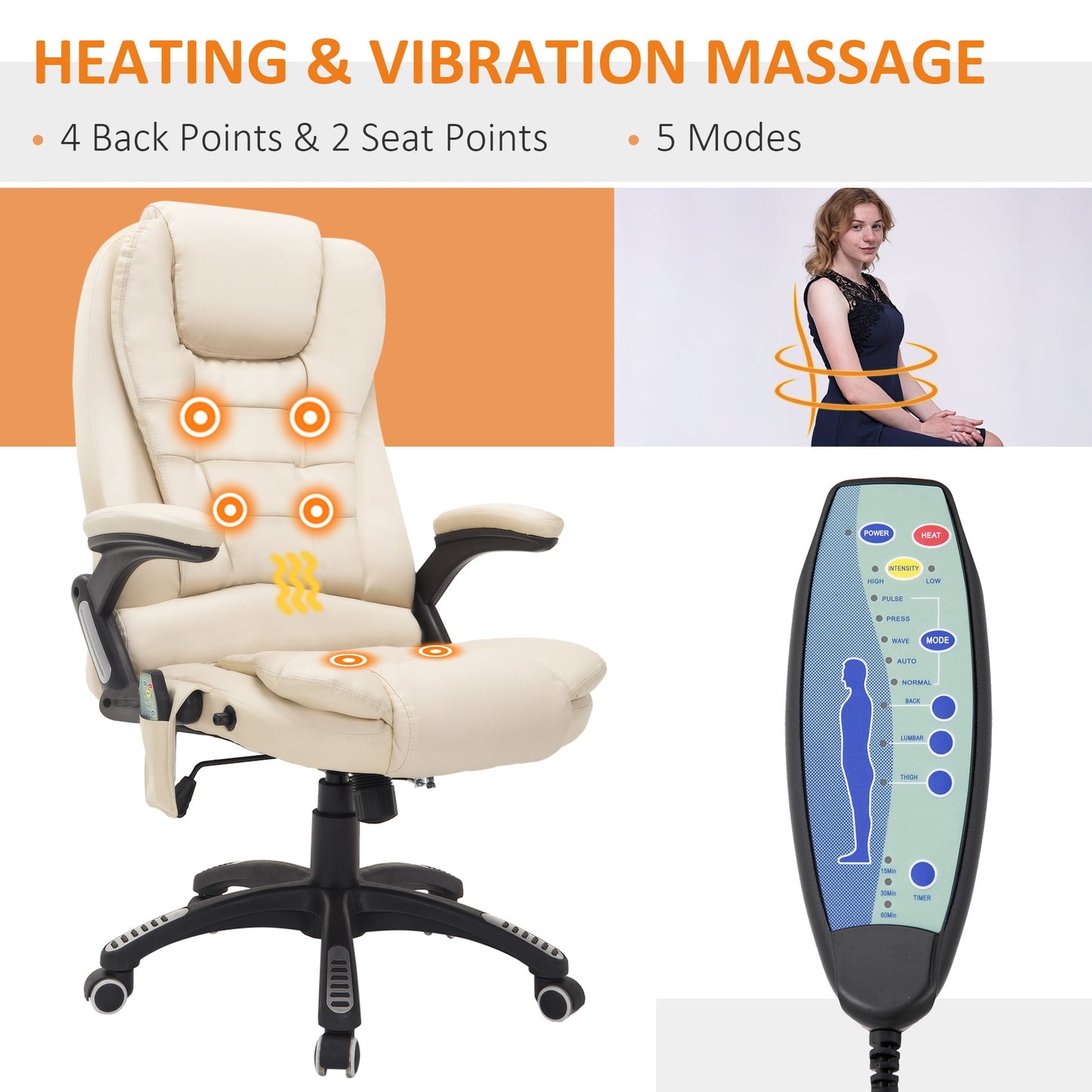HOMCOM Heated Massage Office Chair, PU Leather Executive Office Chair with High Back, Tilt and Reclining Function, Beige