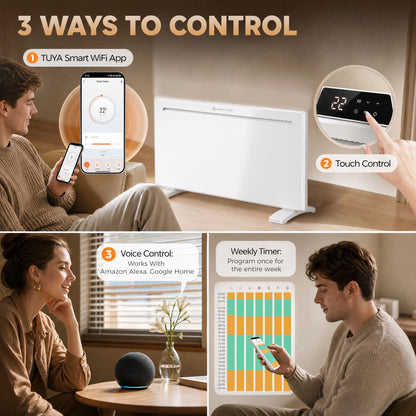 HOMCOM Smart Panel Heater Wall Mounted/Freestanding, Electric Heater with Weekly Timer, Open Window & Anti-Frost, 2000W, White