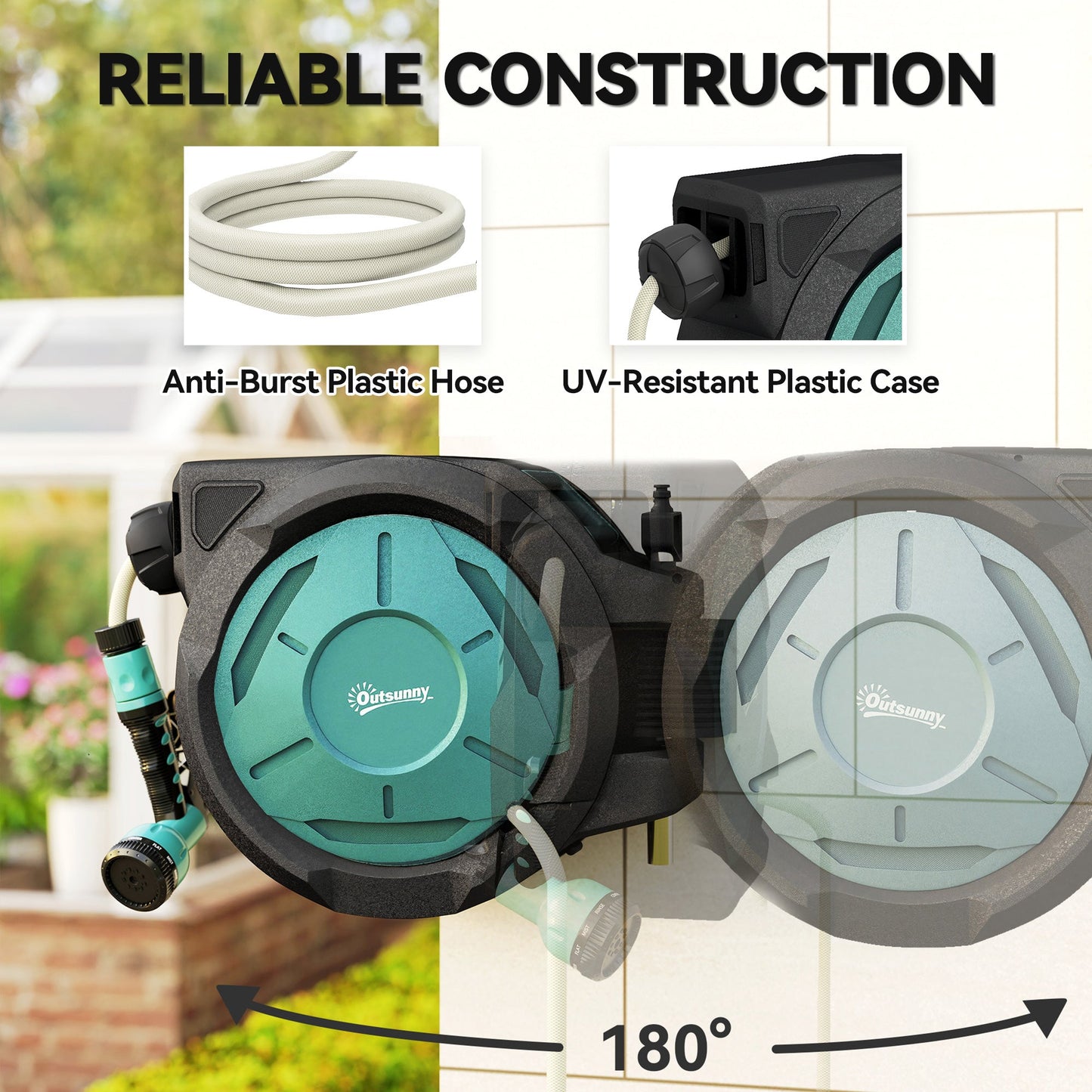 Outsunny Retractable Hose Reel Wall Mounted, 20+2m Garden Hose Pipe Reel with Lock, Auto Rewind, 7 in 1 Spray Nozzle, Includes Wall Fixings, 180Â° Swivel, Outdoor Watering, 54 x 20 x 39 cm, Black