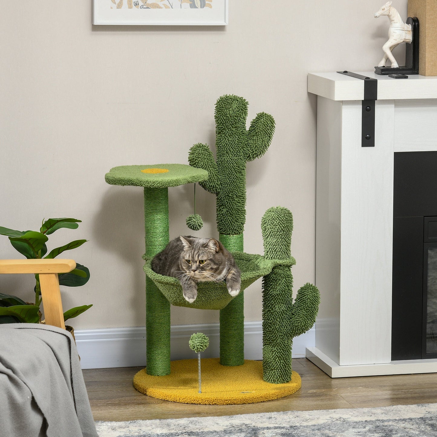 PawHut 82cm Chenille Cactus Cat Tree with Scratching Post, Hammock, Green