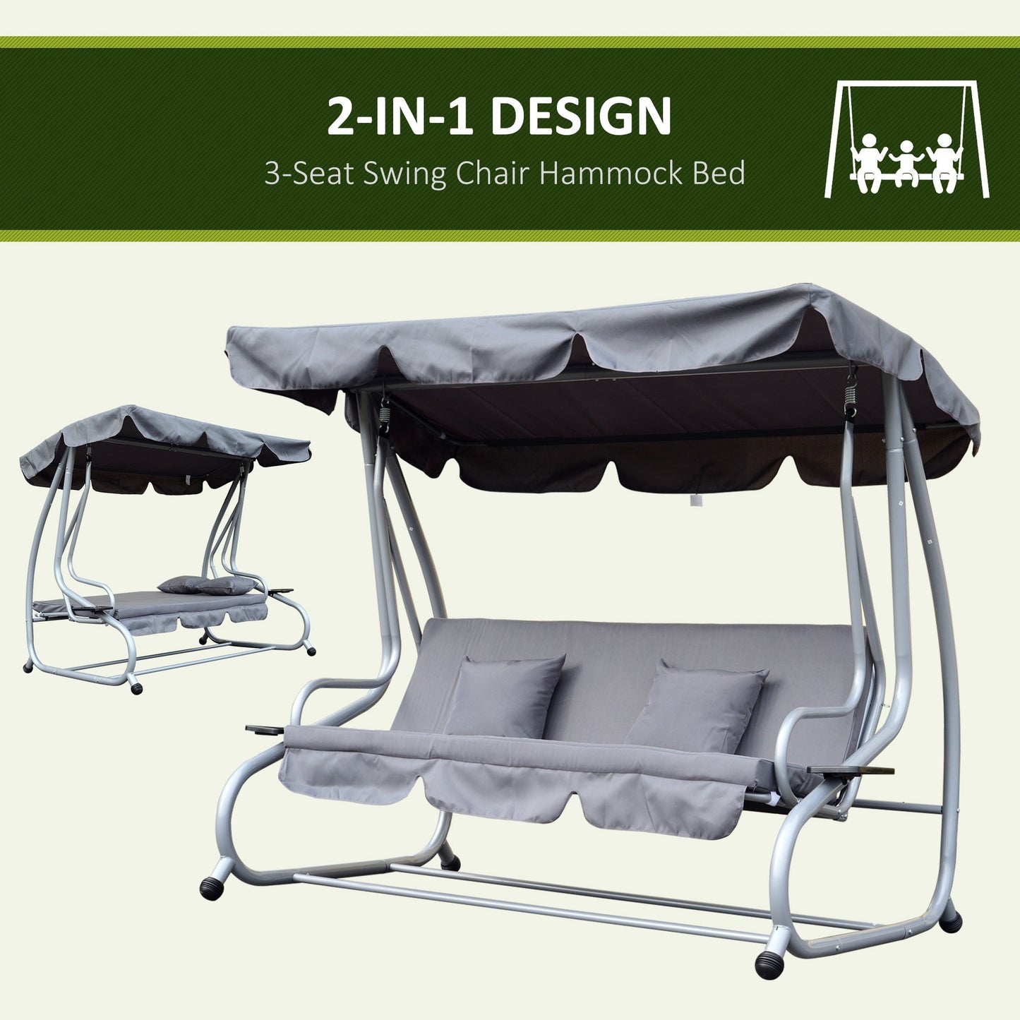 Outsunny 2-in-1 Garden Swing Seat Bed 3 Seater Swing Chair Hammock Bench Bed with Tilting Canopy and 2 Cushions, Grey