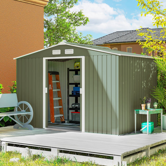 Outsunny 9 x 6ft Metal Garden Shed, Outdoor Storage Tool House with Ventilation Slots, Foundation Kit and Lockable Double Doors, Light Green