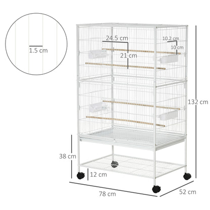 PawHut Duża klatka dla ptaków Budgie Cage dla Finch Kanarki Papużki z ruchomym stojakiem, wysuwaną tacą, półką do przechowywania, pojemnikami na żywność, biała