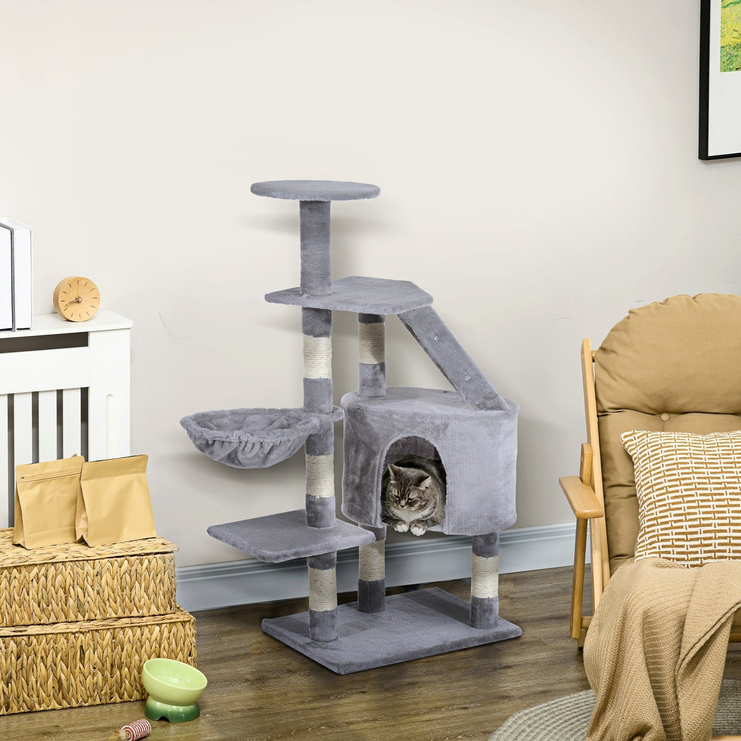 PawHut Cat Tree Kitten Scratching Post Scratch Scratcher Climb Activity Center Play House Pet Furniture 125cm (Grey)