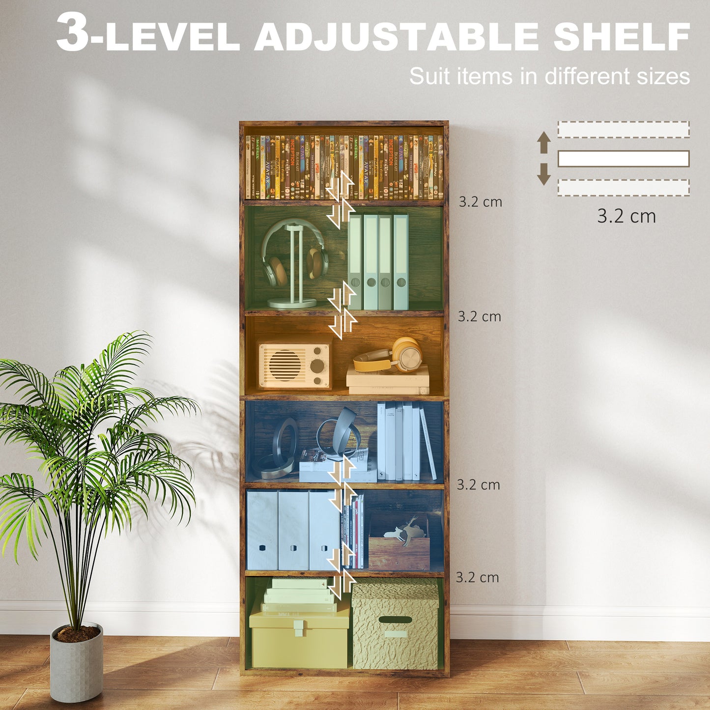 HOMCOM Six Shelf Bookcase - Rustic Brown