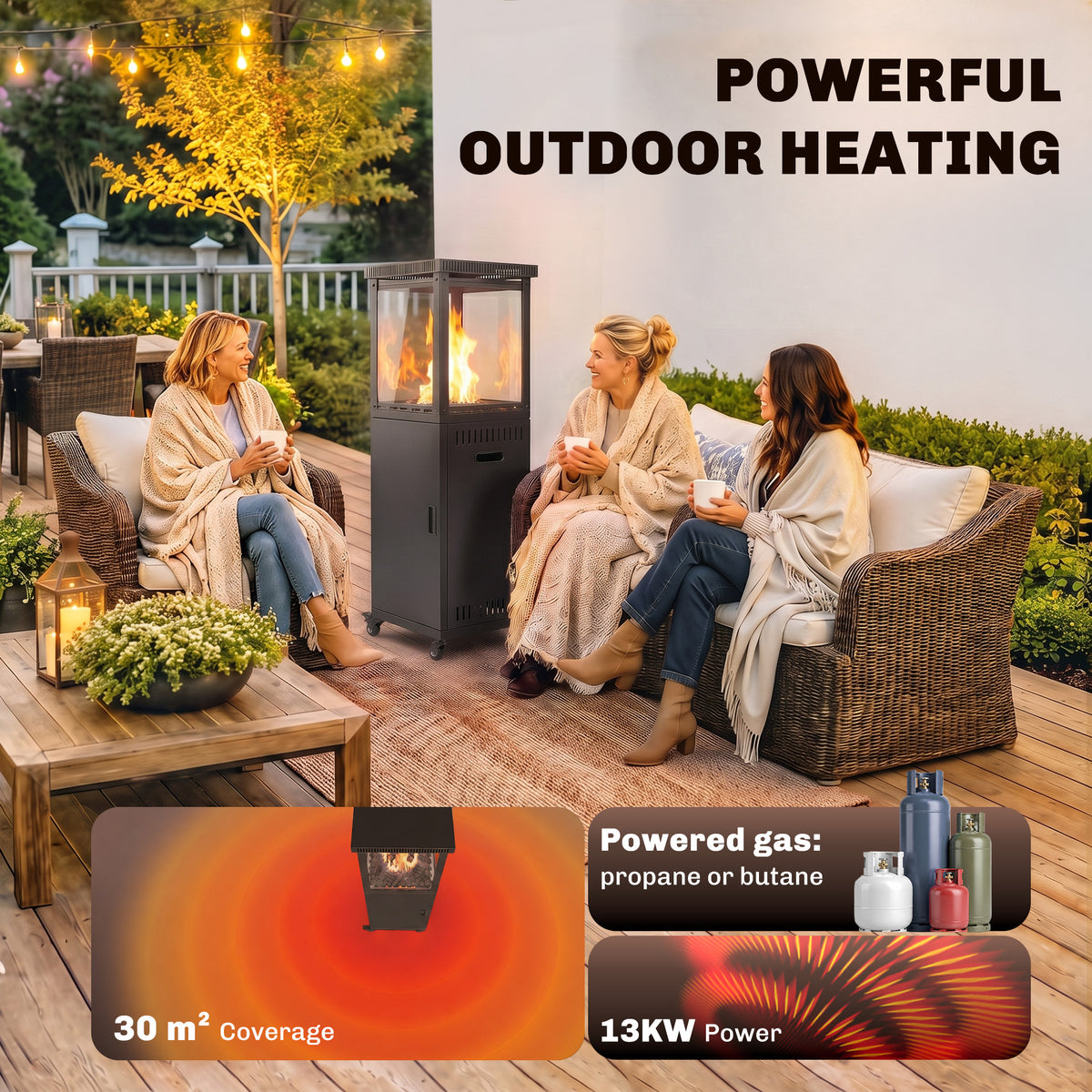 Outsunny Gas Patio Heater, 13 kW Portable Propane Outdoor Heater with Stepless Heat Control, Tip-over Protection, 4 Wheels, Black