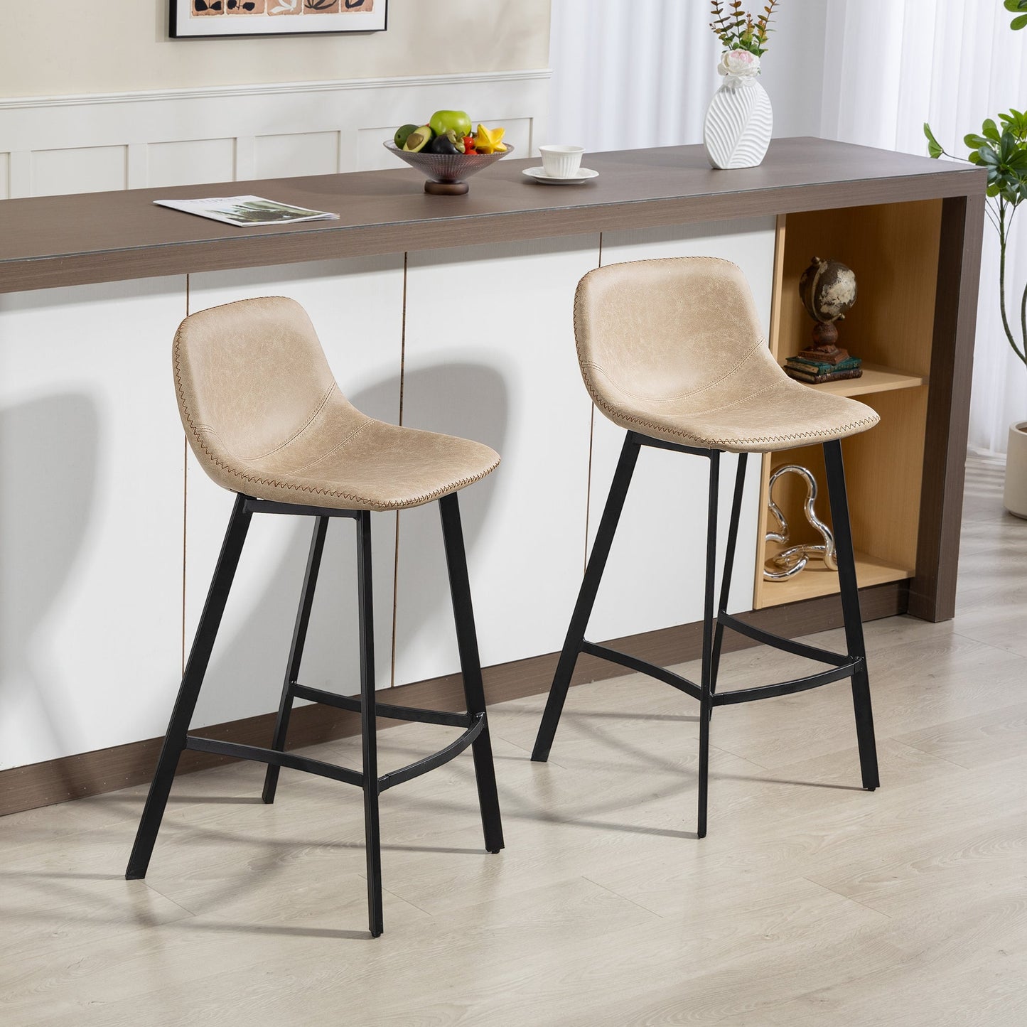 HOMCOM Bar Stools Set of 2, PU Leather Dining Stools with Backrest, Footrest, for Kitchen, Counter, Breakfast Bar, Light Brown
