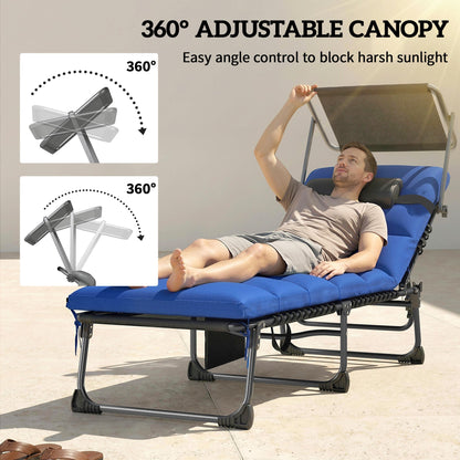 Outsunny Folding Sun Loungers Set of 2 with Canopy, Reclining Sunbed with Cushion, Side Pocket, Carrying Handle, Dark Blue